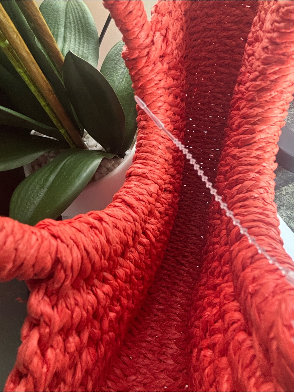 Handwoven Straw Tote Bag in Bright Red-Orange - Picture 2 of 2
